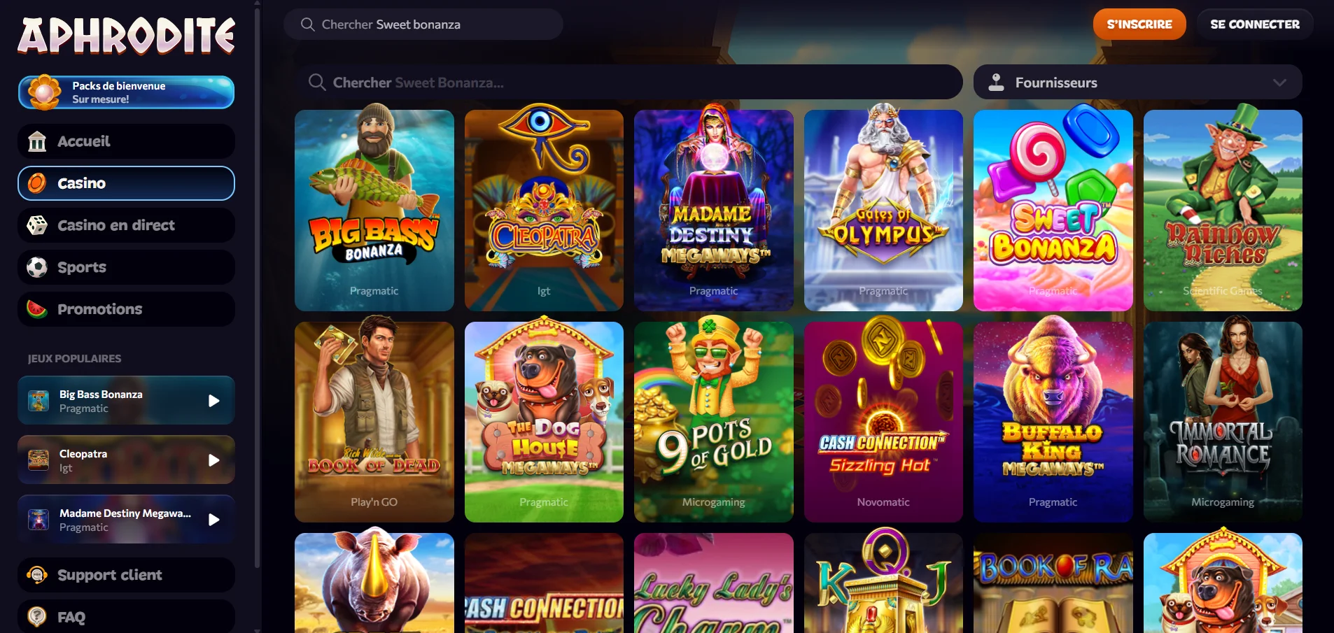 Aphrodite casino jeux
